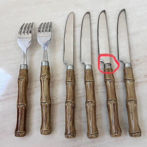 Vintage Faux Bamboo Stainless Steel Flatware 2 Dinner Forks + 4 Knives - Picture 2 of 9